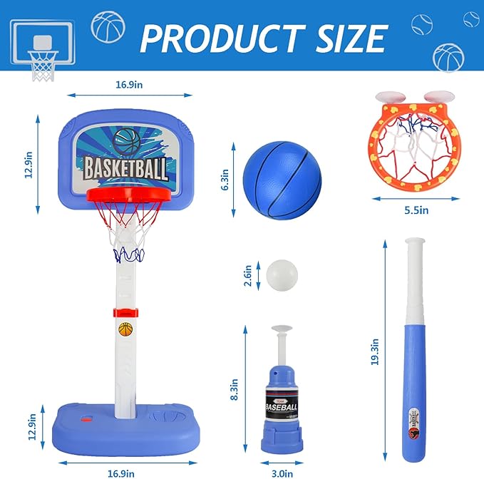 2 in 1 Toddler Basketball Set with Automatic Pitching Machine, Adjustable Height, Bathtub Hoop for Indoor/Outdoor Play, Blue