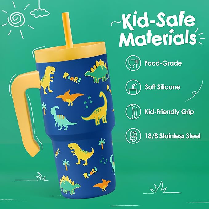 Dinosaur Tumbler 20oz with Handle and Silicone Straw Lid for Kid, Insulated Stainless Steel Cup, Gift for Kids Boys, Gifts Idea for Birthday Christmas Back to School