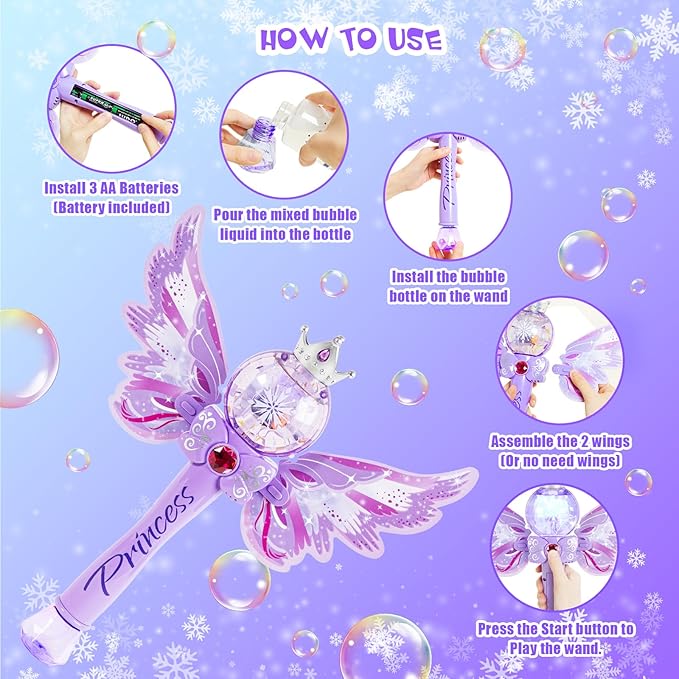 Princess Bubble Wands for Kids,Light Up & Musical Bubble Machine,Bubble Blower,Bubble Maker, for 3 4 5 6 7 8 Year Old Girls,Outdoor Birthday Party Bubble Toy for Toddlers.(Light Purple)