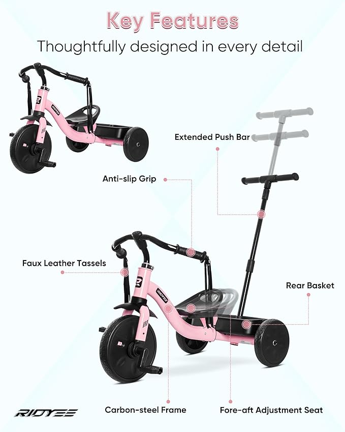 2-in-1 Tricycle for Toddlers Ages 1.5–3, Trike with Extended Push Handle, Removable Wagon-Style Basket, Adjustable Handlebar with Tassels, and Fore-AFT Adjustable Seat, Pink