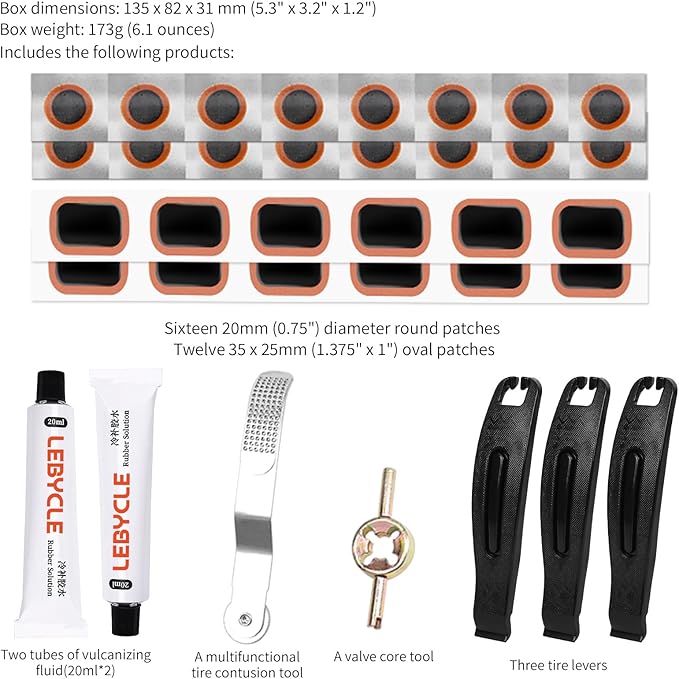 35 PCS Bike Tire Repair Kit, Bicycle Inner Tube Patch Kit with 28 PCS Vulcanizing Patches,Rubber Solution, Metal Rasp, Bike Tire Levers, Bike Patch Kit with Portable Box for MTB BMX Road Bike