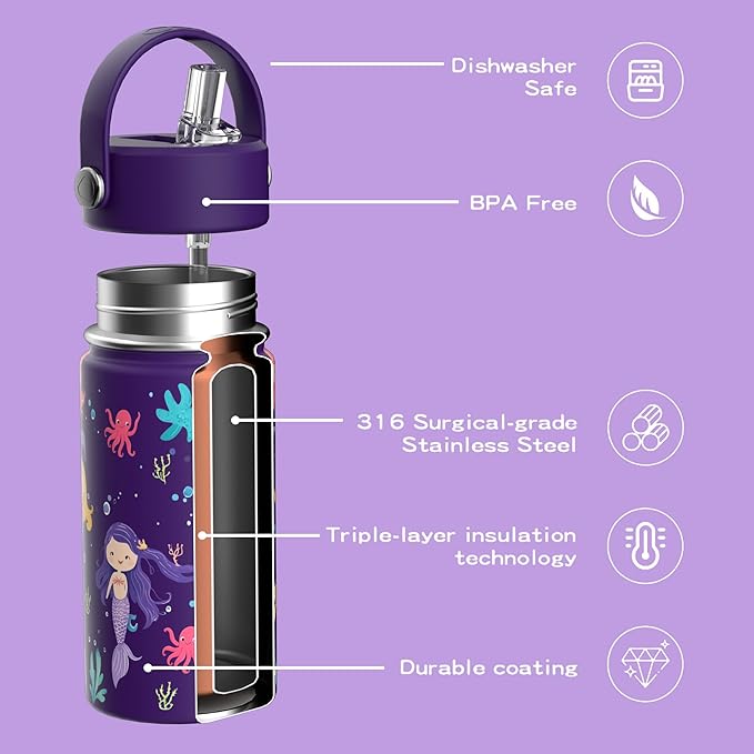 OISIZ Kids Water Bottle with Straw Lid 14oz, Vacuum Insulated 316 Stainless Steel Water Bottles for Kids for School, Leakproof Water Bottle, BPA Free and Keep Cold for 24 Hours