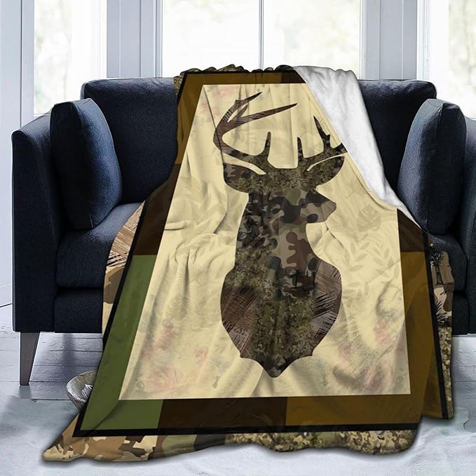 Deer Blanket Camo Hunting Throw Blanket Cozy Plush Dad Elk Fleece Flannel Ultra Soft Blankets Lightweight Fuzzy Warm Gifts for Adults Men 50"X40"
