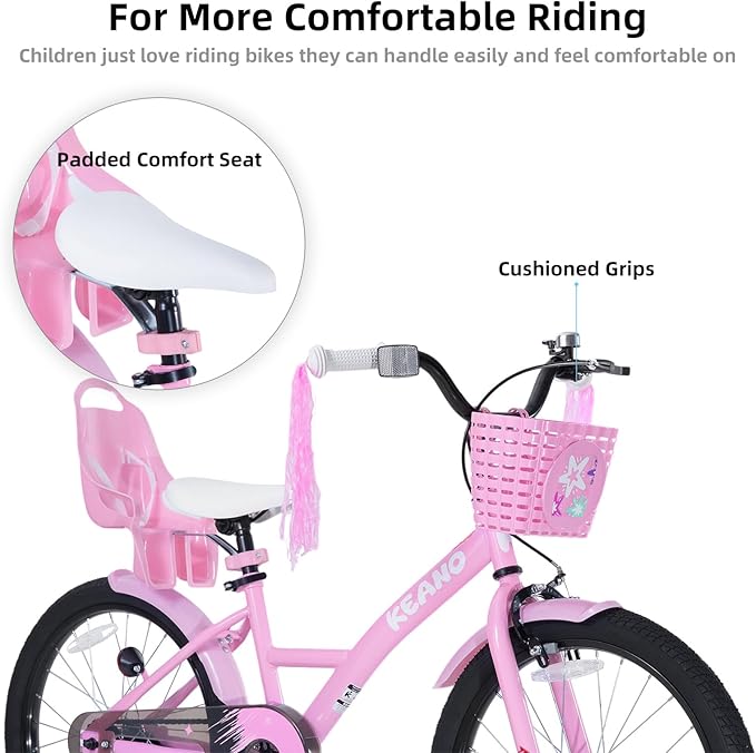 KEANO Zinnia 14 16 20 Inch Kids Bike for Girls Ages 3-10 Years, Girls' Bikes with Training Wheels, Streamers, Basket and Doll Seat, Children Bicycles