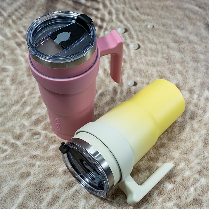 BJPKPK 40oz Tumbler With Handle Insulated Tumbler Cups With Lid And Straw Reusable Stainless Steel Double Wall Travel Mugs,Lemon