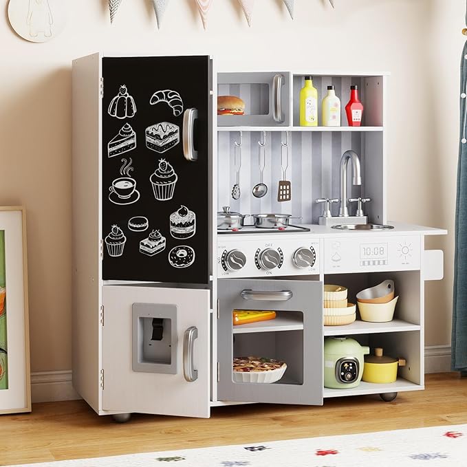 HONEY JOY Kids Kitchen Playset, Wooden Little Chef Pretend Play Kitchen Set w/Chalkboard & Water Dispenser, Lighted Stove, Storage Cabinet, Utensils, Play Kitchen for Toddlers, White + Silver