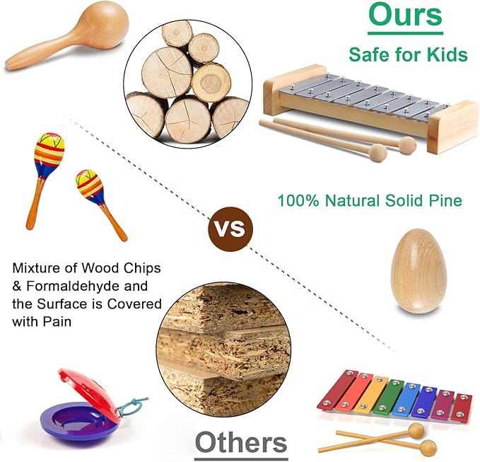 LOOIKOOS Toddler Musical Instruments International Natural Wooden Music Set for Toddlers and Kids - Eco Friendly Preschool Educational Musical Toys with Storage Bag