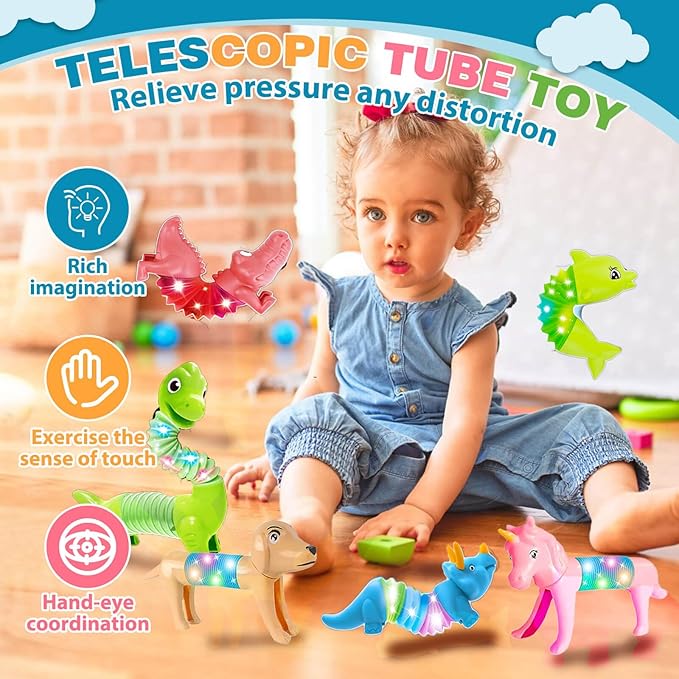 LED Animal Pop Tubes Fidget Toys 10PCS, Sensory Toys for Autism & Stress Relief, Travel Toys for Car and Airplane, Christmas Stocking Stuffers for Kids & Toddlers