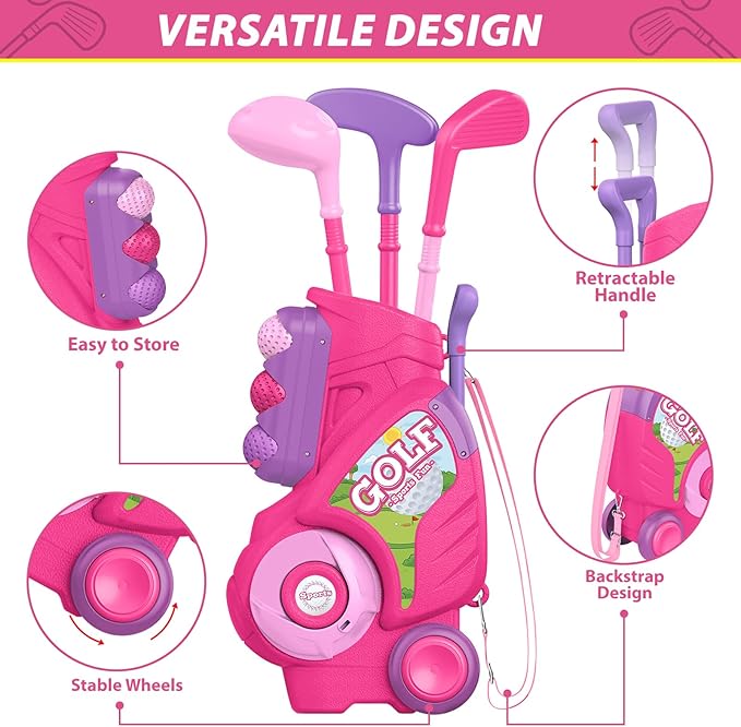 Liberry Toddler Golf Set for 2 3 4 Years Old Girls Boys, Upgraded Kids Golf Clubs Set with Golf Cart, Putting Mat, Outdoor Indoor Sports Toy Birthday Gift, Pink