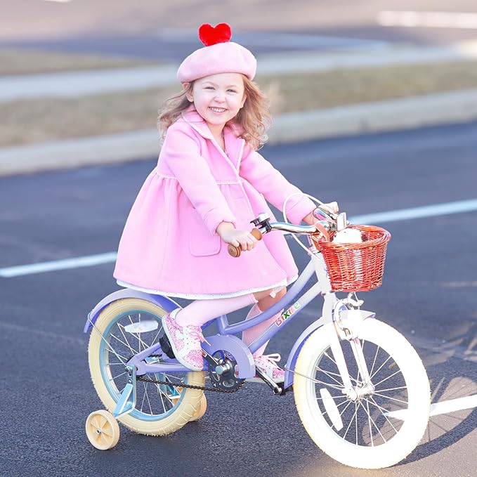 Retro Design Girls Bike with Basket and Coaster Brake for 3-13 Years Old Kids, 14 16 18 Inch Cruiser Bicycle for Toddlers with Training Wheels, 20 24 26 Inch with Kickstand, Multiple Colors