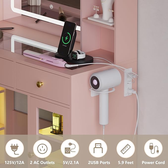 Vanity Desk with Mirror and Lights, White Makeup Vanity with Glass Top & Drawers, 3 Lighting Modes, Power Outlet, RGB Glass Cabinets, Modern Dressing Table for Girls, Women, Teens