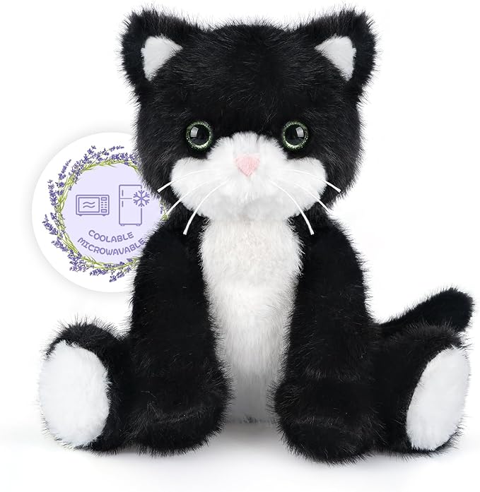 Heatable & Coolable Black and White Cat Stuffed Animal, Cat Heating Pad Microwavable for Soothing & Relaxation, Lavender Scented Tuxedo Cat Plush Toy for Stress Relief, Cat Toys for Kids