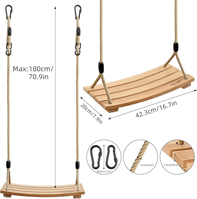 PELLOR Beech Wood Tree Swing Seat Hanging Swing Seat 16.5"x 7.9"x 0.6", Adjustable Rope Tree Swings Set for Kids Children Swings Chair Indoor and Outdoor Garden Play