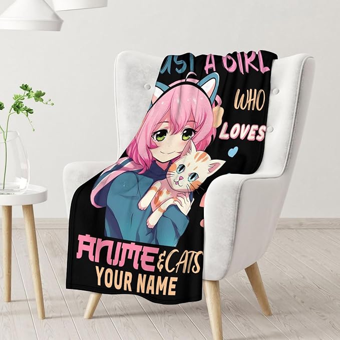 Personalized Girls Blanket with Name - 50x40 Inches Small Just A Girl Who Loves Blankets for Kids, Teens, Cat Lovers - Black Soft Plush Cozy Throws for Couch, Travel & Camping