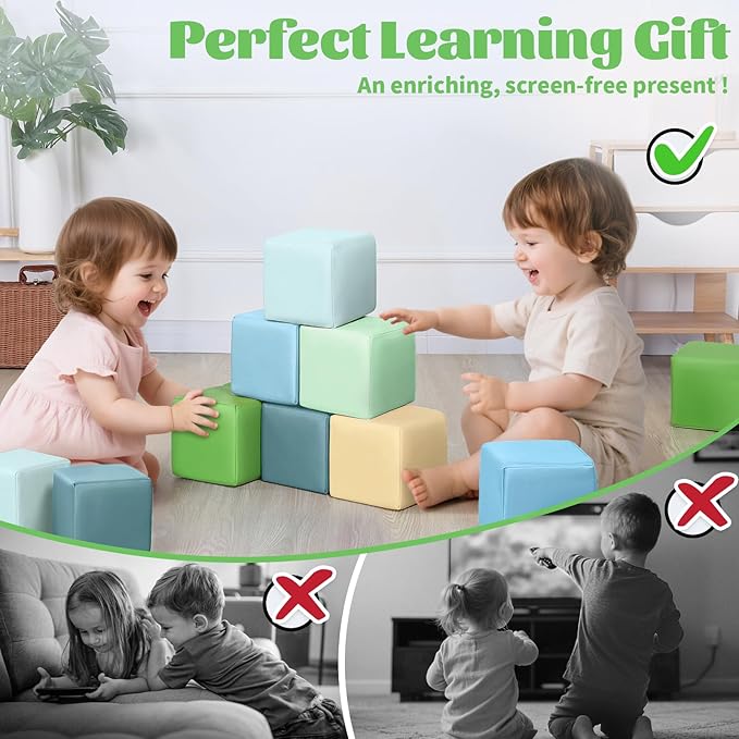 Foam Building Blocks for Toddlers：12-Pieces Wipeable Leather Stacking Cubes Kids - Large Soft Toys Play Set for Learning Construction Baby Preschool Daycare Therapy Birthday Gift (Yellow Green)