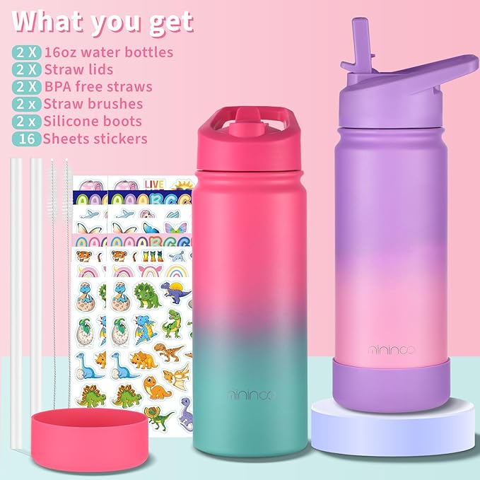 mininoo Kids Water Bottle for School, 16oz Stainless Steel Insulated Water Bottle Kids with Straw Lid for Girls, Boys (2 Pack)
