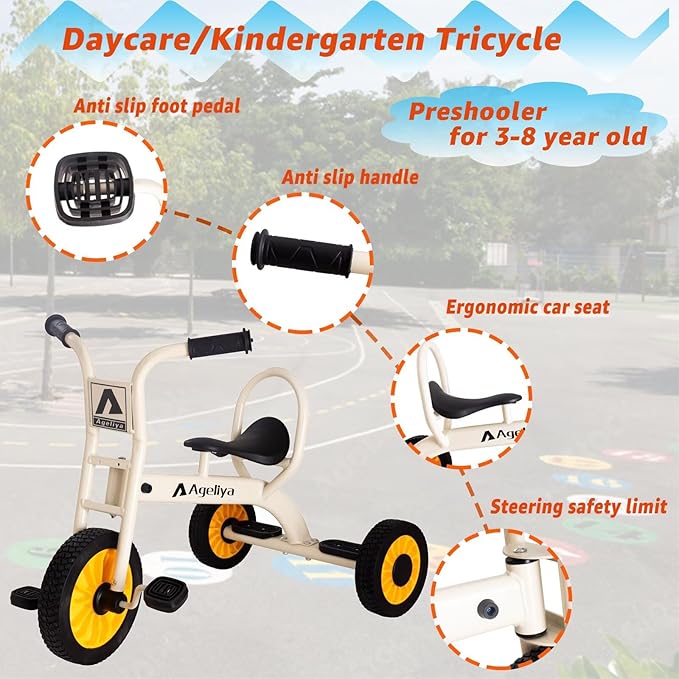 Kids Tricycle for Preschool Ages 3+, Ideal Outdoor Playground & Daycare Yard Trikes, Durable Metal Pedal Trike Gift for Boys and Girls, Sturdy Carbon Steel Frame, Inflation-Free Rubber Wheels