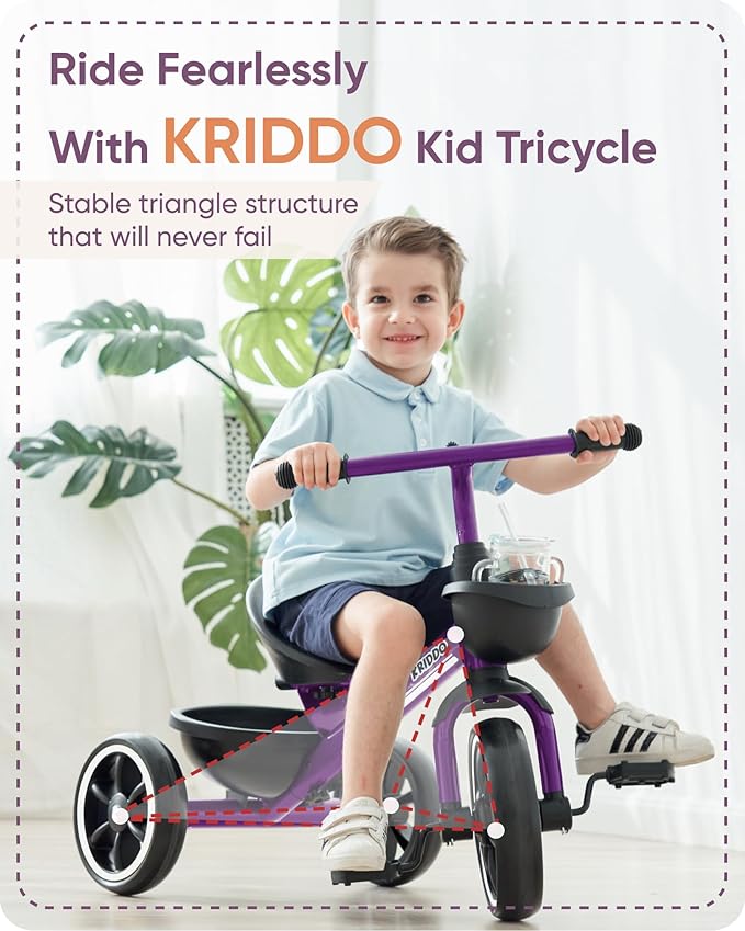 KRIDDO Kids Tricycles Age 24 Month to 4 Years, Toddler Kids Trike for 2.5 to 5 Year Old, Gift Toddler Tricycles for 2-4 Year Olds, Trikes for Toddlers, Purple