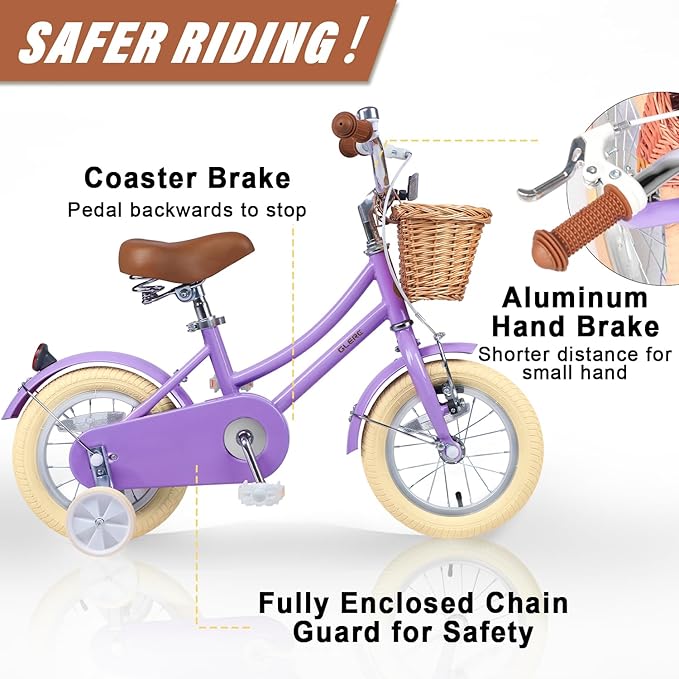 Glerc Little Molly 12-20 Inch Kids Retro Cruiser Bike for 2-13 Year Old with Wicker Basket & Training Wheels/Kickstand, Multiple Colors