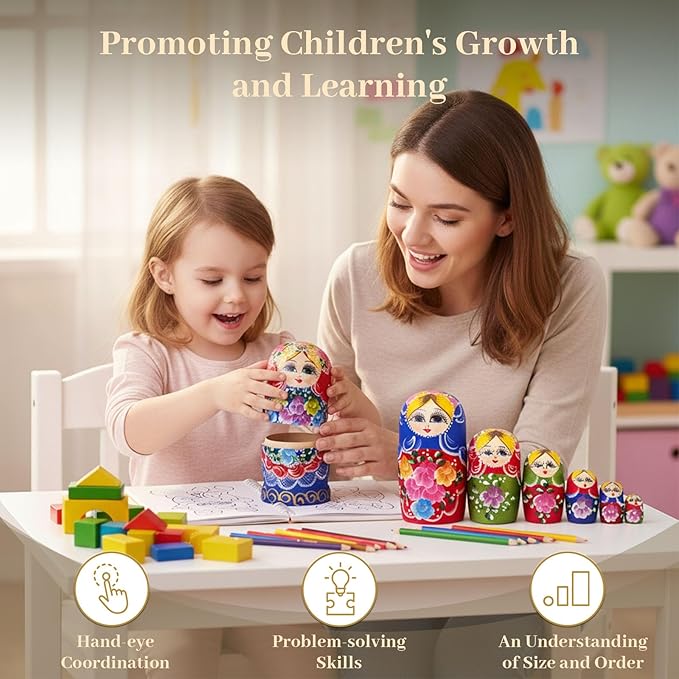 AMOR PRESENT Russian Nesting Dolls, 7PCS Wood Nesting Dolls Matryoshka Stacking Nested Set for Christmas Children Kids Birthday Gift