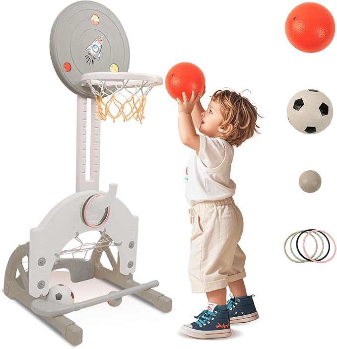 4-in-1 Toddler Basketball Hoop Adjustable Height Indoor Outdoor Sports Center for Kids Aged 1-3 Basketball, Soccer, Hockey & Ring Toss, Grey and White
