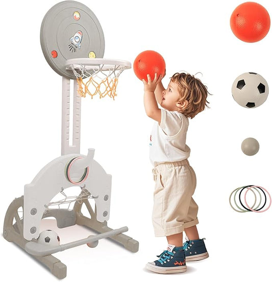 4-in-1 Toddler Basketball Hoop Adjustable Height Indoor Outdoor Sports Center for Kids Aged 1-3 Basketball, Soccer, Hockey & Ring Toss, Grey and White