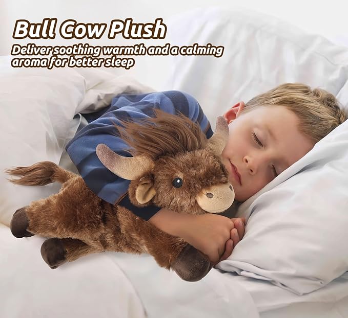 Cuckool Bull Stuffed Animals, Microwavable Stuffed Animals Adorable Fluffy Bull Plush for Warmth & Comfort, Heatable Coolable Lavender Scent Toys, Cute Soft Plushies Gift for Kids Boys Girls & Adults