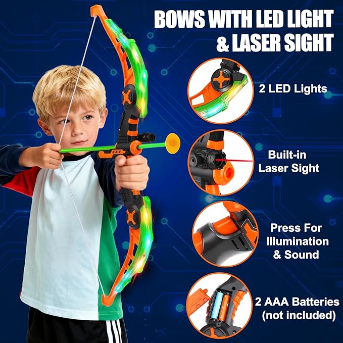2 Pack Kids Bow and Arrow Set, LED Light Up Archery Set with 20 Suction Cup Arrows, Indoor Outdoor Sport Games for Kids Ages 4-8 8-12, Birthday Gifts Toys for 4 5 6 7 8 9 10 11 12 Year Old Boys Girls