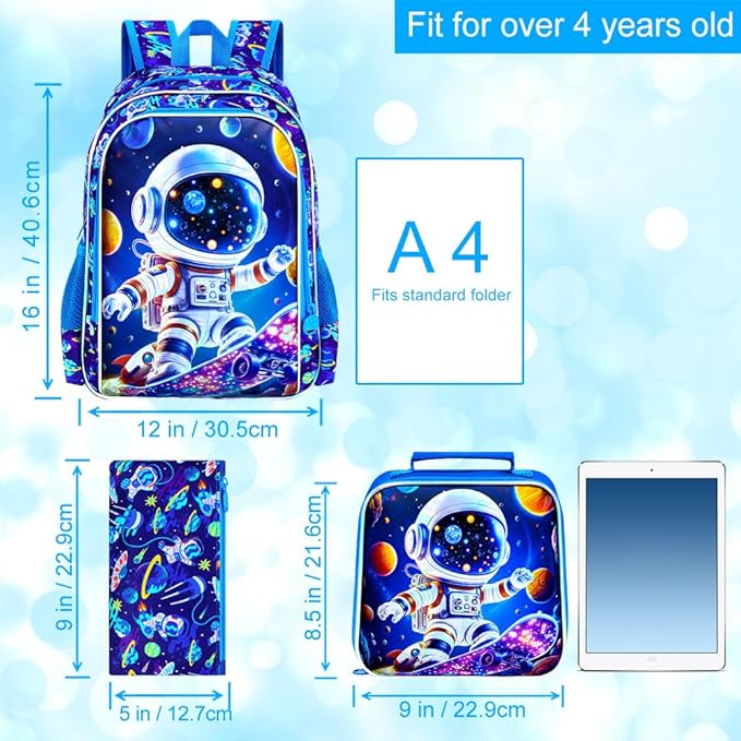 16" Space Boy Backpack, 3Pcs Astronaut Bookbag for Elementary Preschool Kindergarten, Kids School Backpacks with Lunch Box (Blue)
