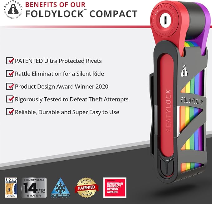 Seatylock FoldyLock Compact Folding Bike Lock - Award Winning Patented Lightweight High Security Bicycle Lock - Heavy Duty Anti Theft Smart Secure Guard with Keys & Case for Bikes or Scooters