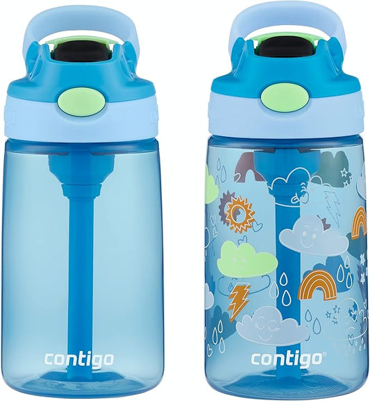 Contigo Kids Water Bottle with Redesigned AUTOSPOUT Straw, 14oz., 2 Pack, Blue Poppy and Periwinkle & Blue Poppy with Periwinkle and Into the Clouds