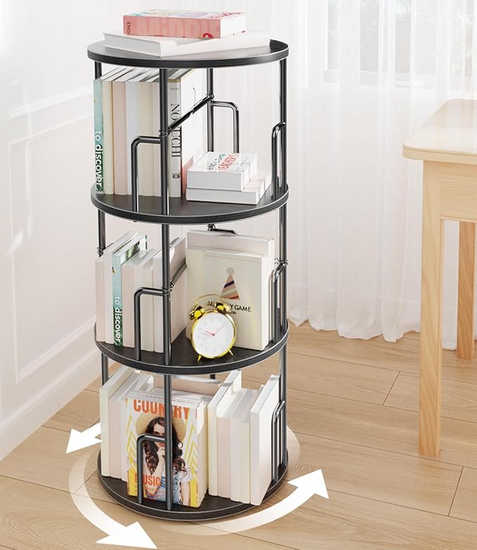 3 Tier Rotating Bookshelf Tower Round Black,37”Floor Standing Spinning Bookshelf Tower Anti-Tipping Design,Metal & Wood Revolving Bookcase Stackable Space Saving for Small Spaces,Study,Living Room