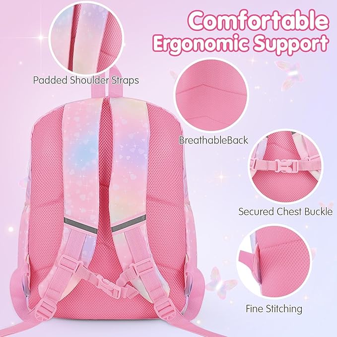 Cokouchyi 3 Pcs Kids Backpack Set with Lunch Box & Pencil Case, Lightweight Preschool Backpack for Girls Age 3-8, Kids Book bag Elementary, Butterfly