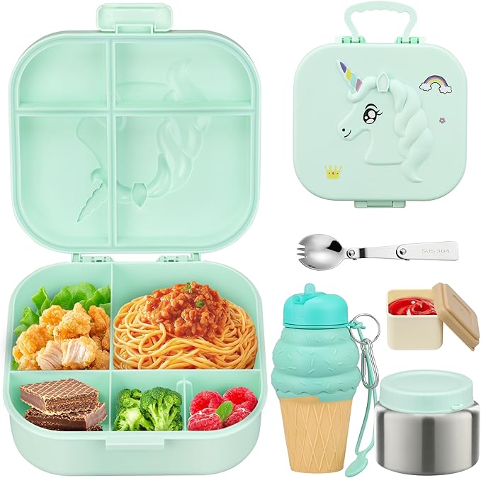 Kids Lunch Box Set -12oz Insulated Food Jar, Thermal Bag,Leakproof Lunch Food Containers Cutlery (BPA Free)-Gift for Girls/Boys Age 3-10(Green)