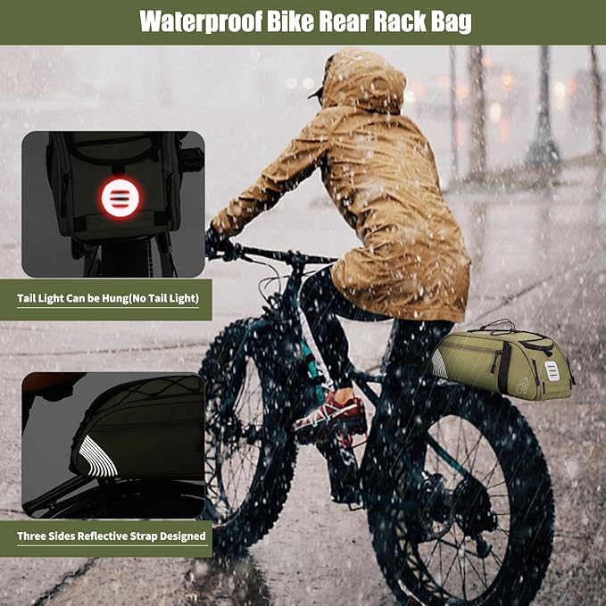 Rear Bike Rack Bag Waterproof Bike Bags with Reflector, Rain Cover & Shoulder Strap for Commuter Travel Outdoor, Green