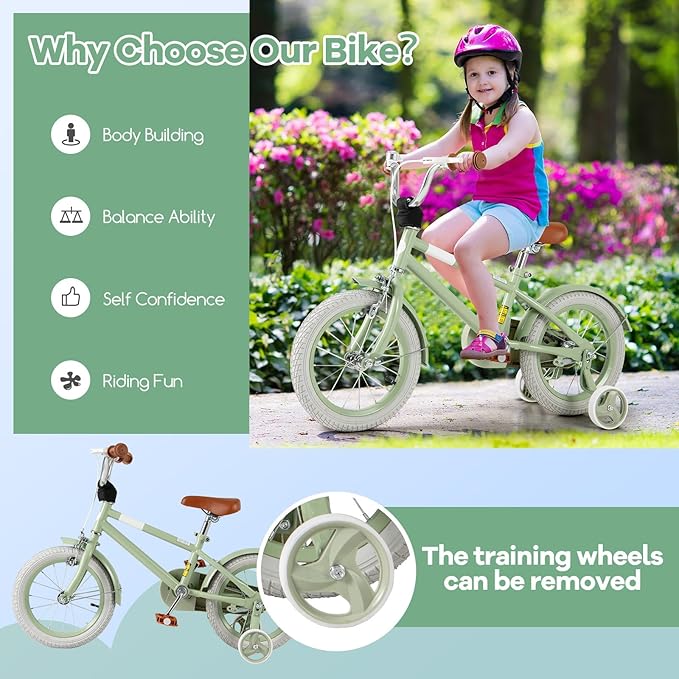 BABY JOY Colorful Macarons Kids Bike, 12 14 16 18 Inch Sporty Children's Bicycle with Training Wheels, Adjustable Handlebar & Saddle, Handbrake & Coaster Brake, Boys Girls Bike for 3-8 Years Old