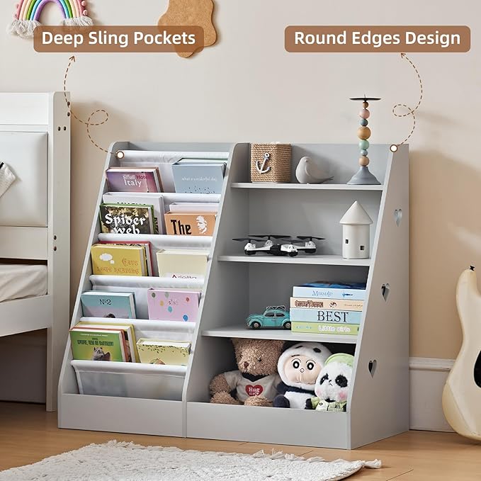 Lerliuo 4 Tier Kids Bookshelf and Storage Organizer, Five Layer Sling Children Bookcase, Baby Toddler Wooden Book Shelf, Display Cabinet for Playroom, Bedroom, Classroom, Nursery, School (Grey)