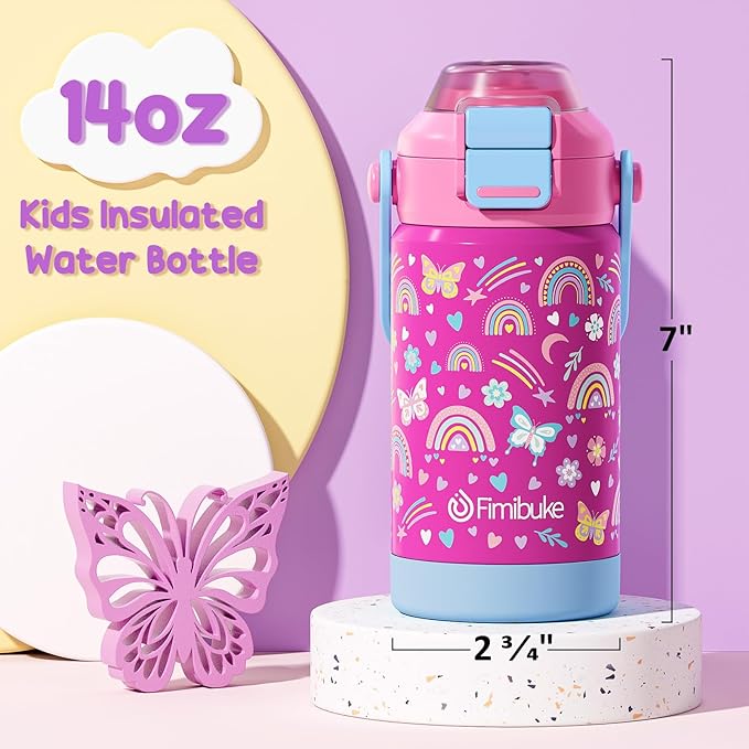 Kids Insulated Water Bottle with Pop-Open Straw & Spout 2-in-1 Lid, 14oz Kids Insulated 18/8 Stainless Steel Water Bottle for School Girls Boys Toddler Water Bottle Leak Proof Toddler Cups, Macaron