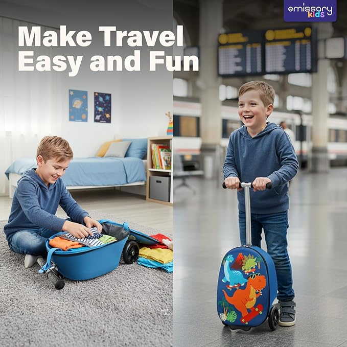 emissary Scooter Luggage for Kids – Ride-On Suitcase, Scooter Ride Luggage, Lightweight Carry-On Suitcase Kid Travel Bag (Blue)