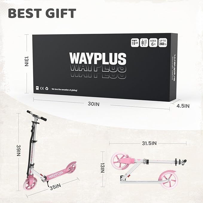 Kick Scooter for Ages 6+,Kid, Teens & Adults. Max Load 240 LBS. Foldable, Lightweight, 8IN Big Wheels for Kids, Teen and Adults, 4 Adjustable Levels. Bearing ABEC9