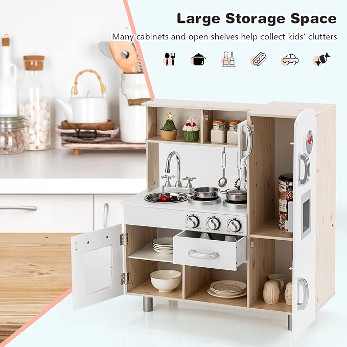 HONEY JOY Kids Kitchen Playset, Wooden Pretend Play Kitchen for Toddlers, Cookware Utensil, Phone, Clock, Water Dispenser, Storage Cabinet, Little Chef Toy Kitchen Set, Gift for Boys Girls 3+, Natural