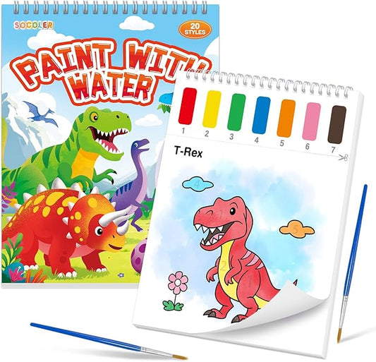 Paint with Water Coloring Books for Toddlers, Dinosaurs Theme Mess Free Watercolor Painting Papers for Kids Water Color Paint Kit Art Craft Birthday Gift for Ages 1-3, 4-8