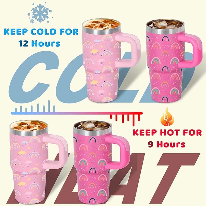 Cosictic 14 Oz Rainbow Tumbler with Handle and Straw for Kids, Stainless Steel Insulated Rainbow Cup for Children, 14 Oz Cups for Kids (Pink)