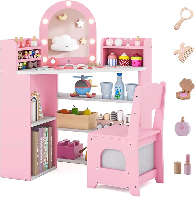 Costzon Kids Vanity with Lights, Corner Vanity Desk with Mirror, Storage Shelves, Wooden Princess Toddler Makeup Dressing Table, Kids Vanity Table and Chair Set for Little Girls (Pink)