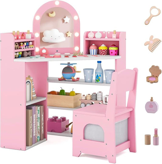 Costzon Kids Vanity with Lights, Corner Vanity Desk with Mirror, Storage Shelves, Wooden Princess Toddler Makeup Dressing Table, Kids Vanity Table and Chair Set for Little Girls (Pink)