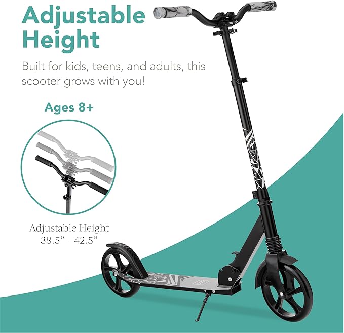Best Choice Products Kids Height Adjustable Kick Scooter for Ages 8+, Teen, Adult, Outdoor Play w/Carrying Strap, Non-Slip Deck, Kickstand, Mud Guards, 220lb Capacity - Black