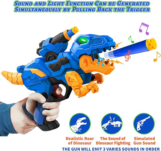 2-Pack Dinosaur Toy Guns Compatible with Nerf, Christmas Kids Gifts & Stocking Stuffers for Toddler Boys Ages 3 4 5 6 7 8, Dino Toy Guns with Light & Sound, 20 Foam Darts