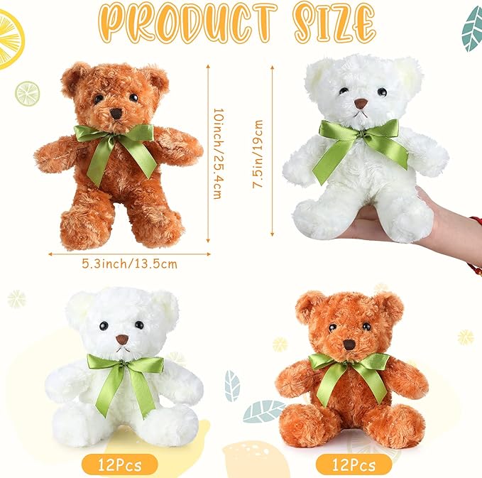 HyDren 24 Pcs Bear Bulk Plush Stuffed Animals 10 Inch Cute Soft Stuffed Bear with Green Bow for Baby Shower Birthday Gift Party (Light Brown, White)