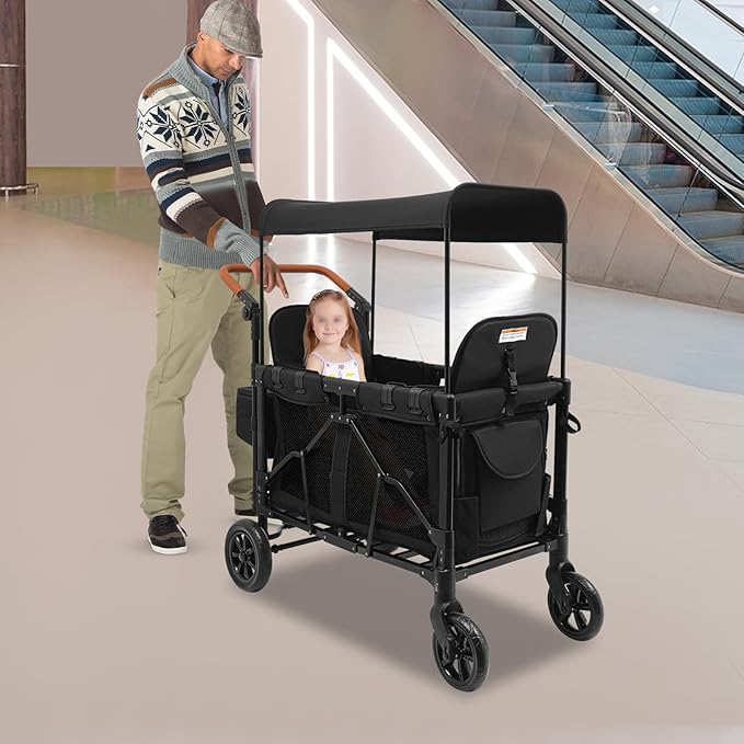 2-Seat Stroller Wagon with 5-Point Harnesses, Collapsible Wagon Stroller for 2 Kids with Adjustable Push Handle & Sun Canopy, Kids Wagon Cart for Children Aged 0-6 Years