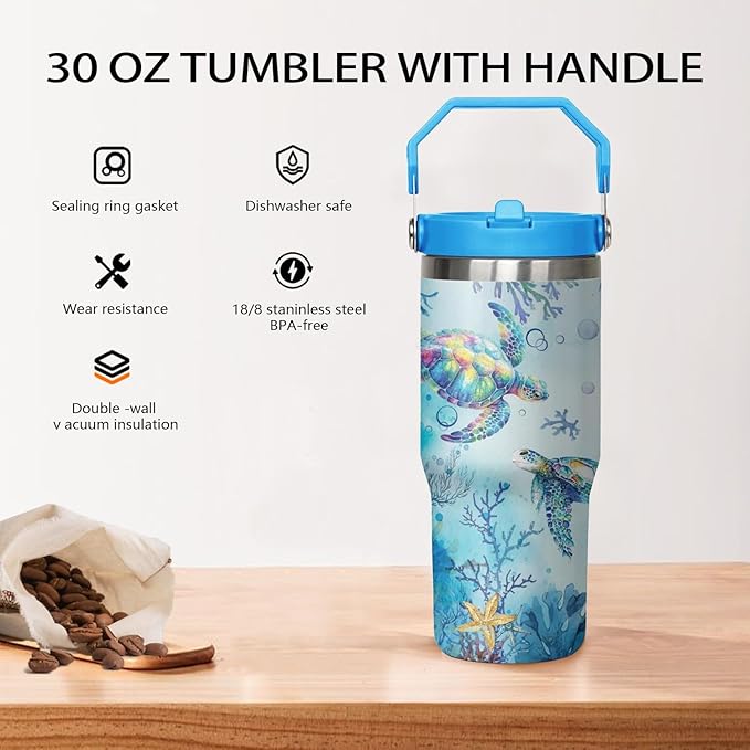 30 Oz Sea Turtle Tumbler with Handle Lid and Flip Straw,Double Wall Vacuum Stainless Steel Watercolor Ocean Turtle Cup,Water Bottle,Travel Coffee Mug,Hawaiian Sea Turtle Decor,Accessories